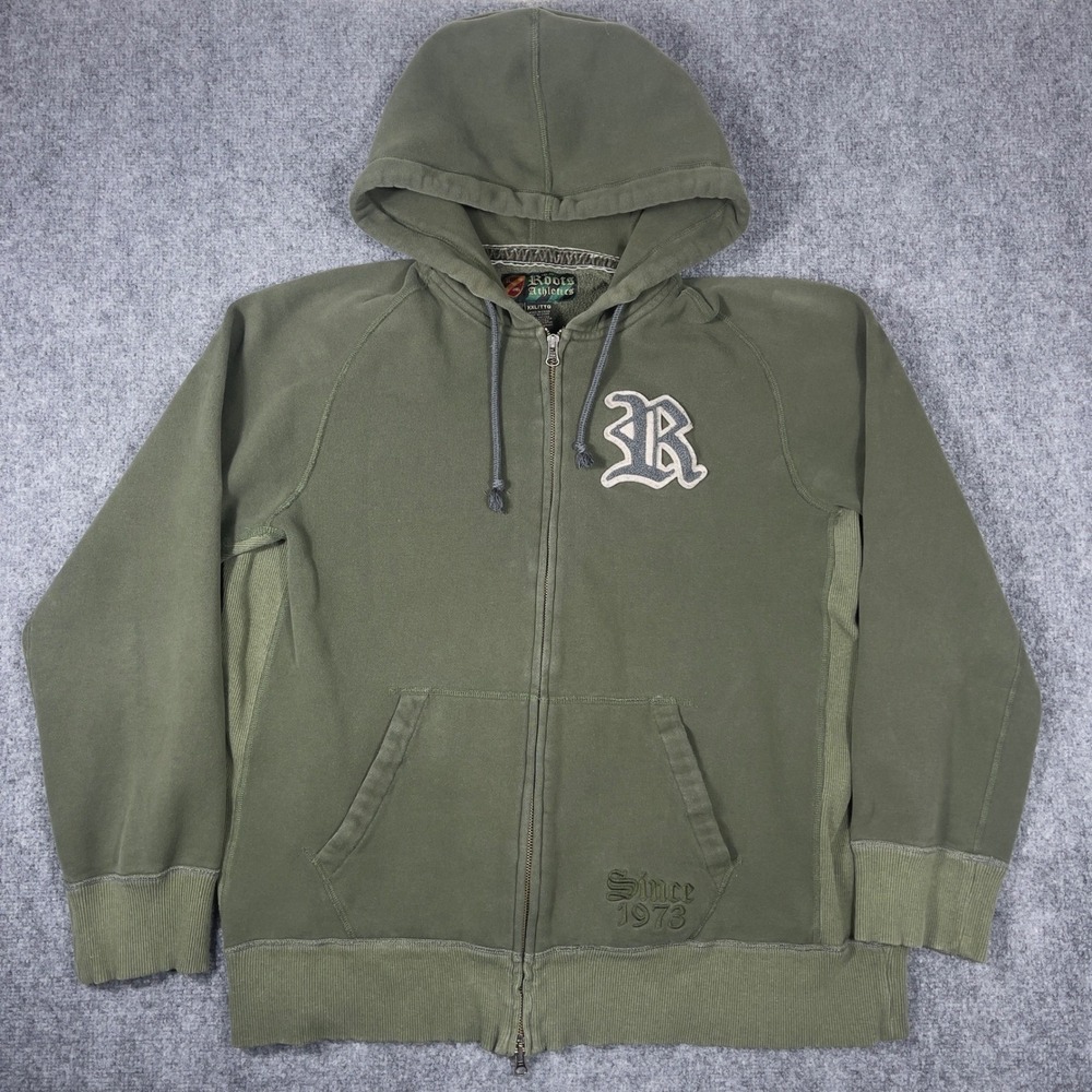 Roots Y2K Full Zip Hoodie Mens XXL Olive Green Since 1973 R Applique Logo